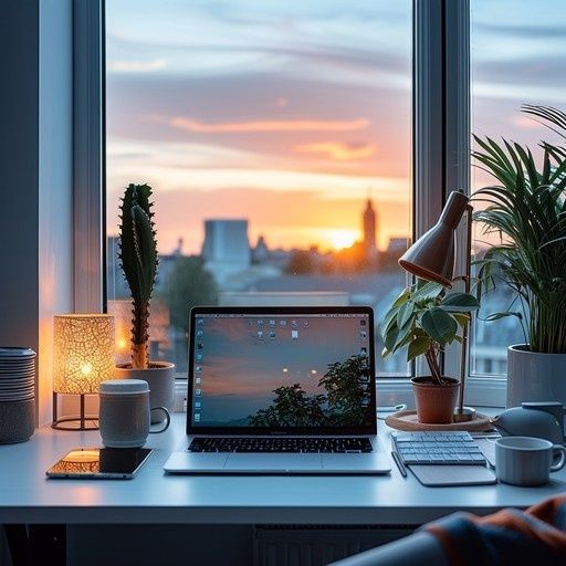Hemmets arbetsplats med laptop, växter och solnedgång utanför fönstret